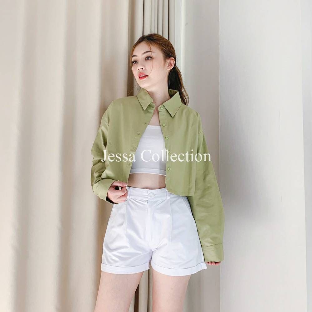 Kemeja Hanin Crop Wanita Oversize Atasan Katun Korean Style Bajuu bagus