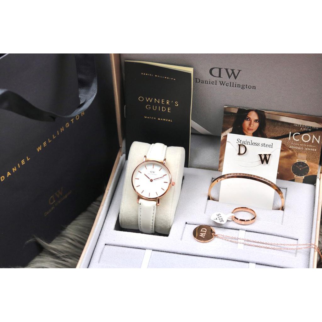 JAM TANGAN WANITA DW PREMIUM KULIT PAKET ANTING + GELANG + CINCIN + KALUNG - DIAMETER 3,2 CM