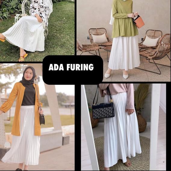 TERBARU ROK PLISKET PUTIH FURING MURAH PLEATS REMPEL FLARE SKIRT MURAH GROSIR PANJANG''