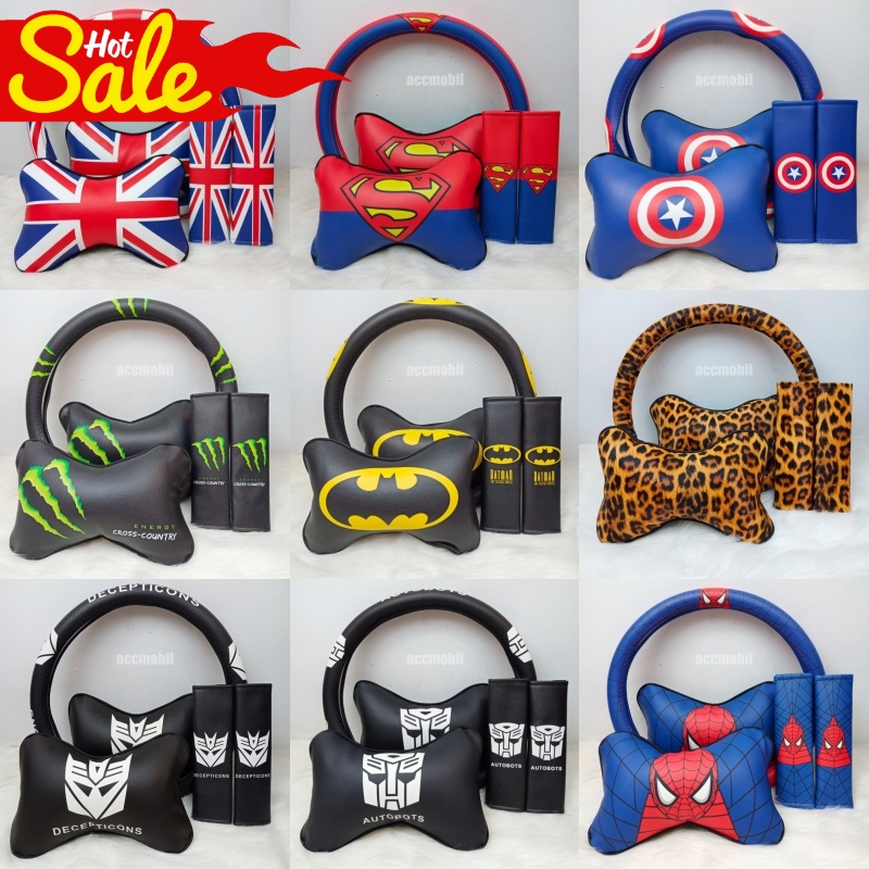 FULLSET Sarung Stir Seatbelt Bantal HERO Batman Transformers Spiderman dkk Monster Energy Leopard