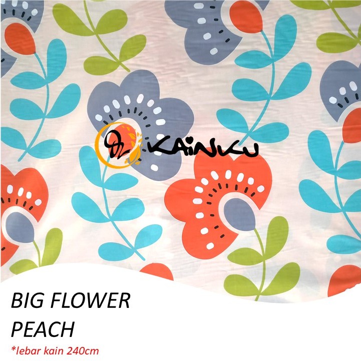 KAINKU - Kain Meteran Katun Lokal CVC &quot;BIG FLOWER PEACH &amp; SQUARE BUNGA&quot; (harga 1 meter)