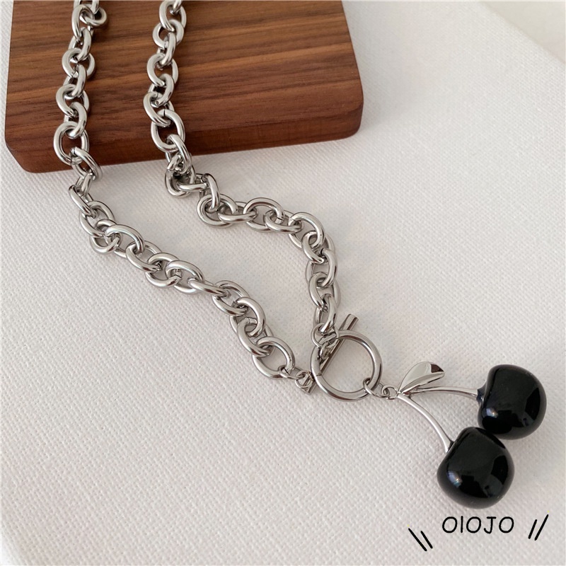 Set Kalung Chokergelang Rantai Liontin Buah Ceri Warna Hitam Elegan Untuk Wanita - ol