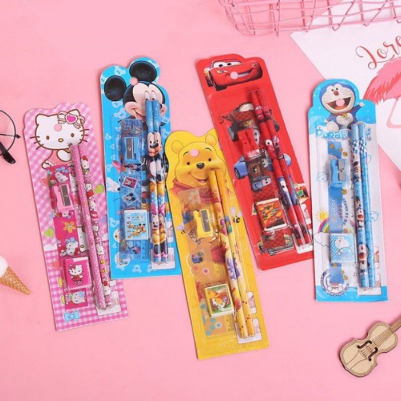 MINI STATIONERY SET ALAT TULIS SEKOLAH 5 in 1 KARAKTER LUCU