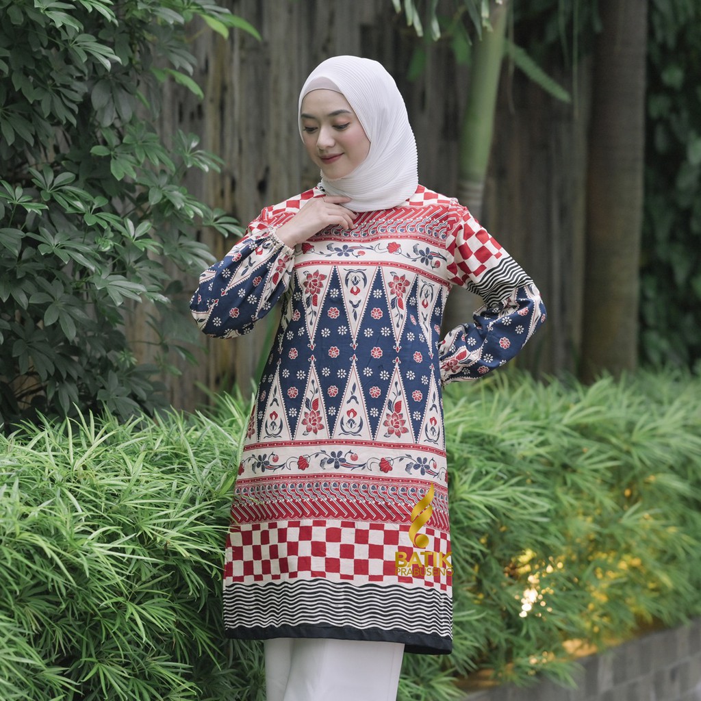 Tunik Sakina Batik Wanita Prabuseno Original Ori Modern Lengan Panjang Jumbo Atasan Batik Kerja Busu