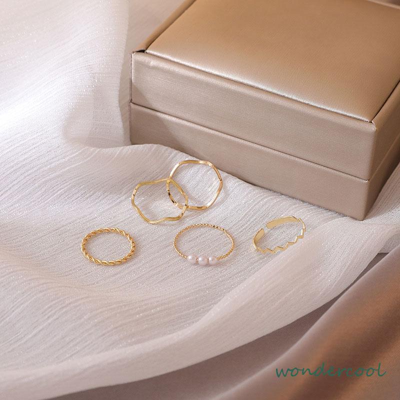 5 pcs Cincin Set Fashion Aksen Berlian Imitasi Mutiara Untuk Wanita-Won