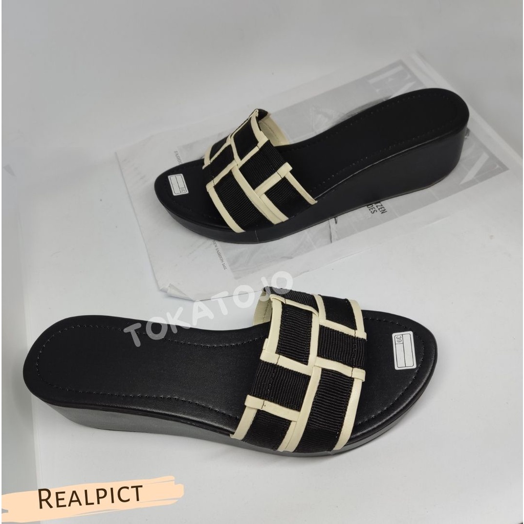 Sandal wedges wanita motif anyam fashion korea hak 5 cm terbaru perdana sandal wedges wanita modis kasual kekinian