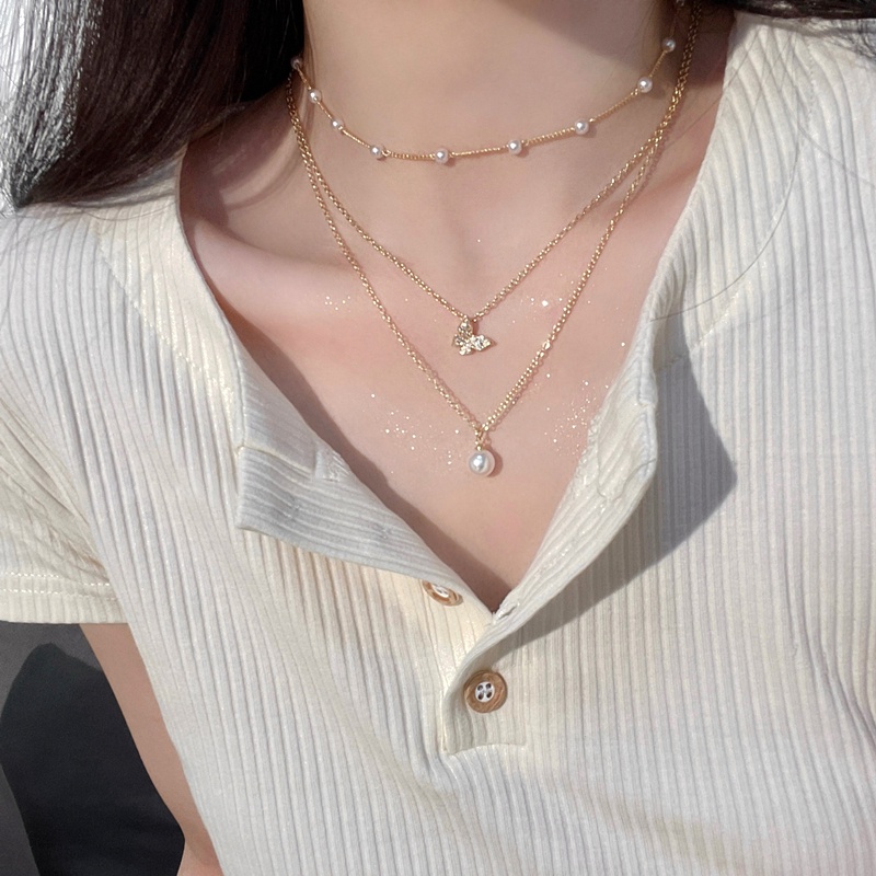 AY(CN) Butterfly Kalung Choker Rantai Emas Multilayer Dengan Liontin Kupu-Kupu Aksen Mutiara Untuk Wanita