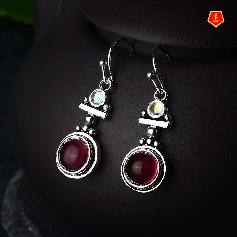 [Ready Stock]Retro Moonstone Red Agate Earrings Women's Fashion