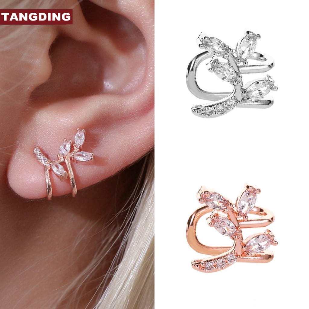 【COD Tangding】1pc Anting Klip Gaya Korea Bentuk Daun Aksen Zircon Untuk Perhiasan Wanita