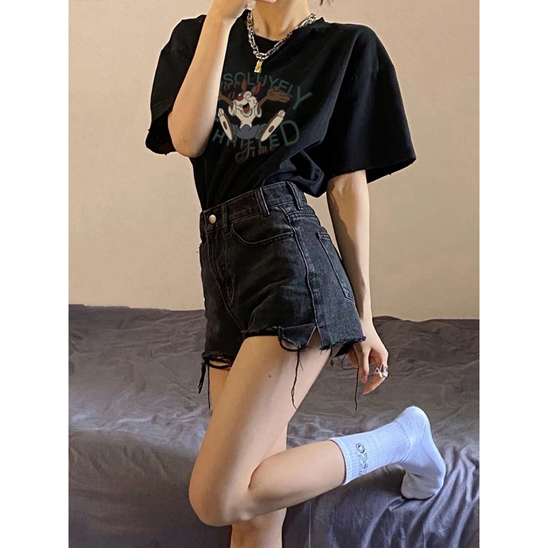 EUNII T-shirt Lengan Pendek Gaya Longgar Hitam Korean Style/Kaos Atasan Wanita/Baju Kaus Oversize Wanita