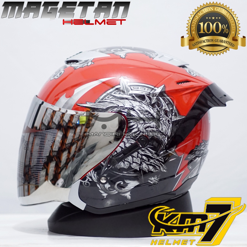 (Paket ganteng spoiler) HELM KM7 SEVEN KING BLACK GLOSSY SILVER-RD/SIL + Spoiler