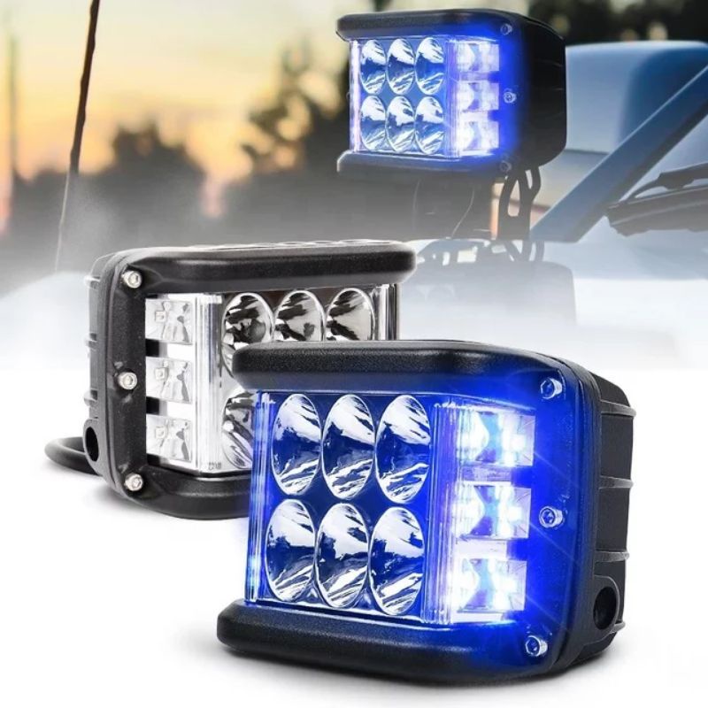 Lampu Tembak 24 Volt LED Sorot CWL 6 Mata Biru Merah Truk Bus Canter Fuso BESAR Senja Besi CREE WORKLIGHT Offroad 3 Mode Truck Bis 24V 3x3 2 Baris Running Pabrik Alat Berat Waterproof