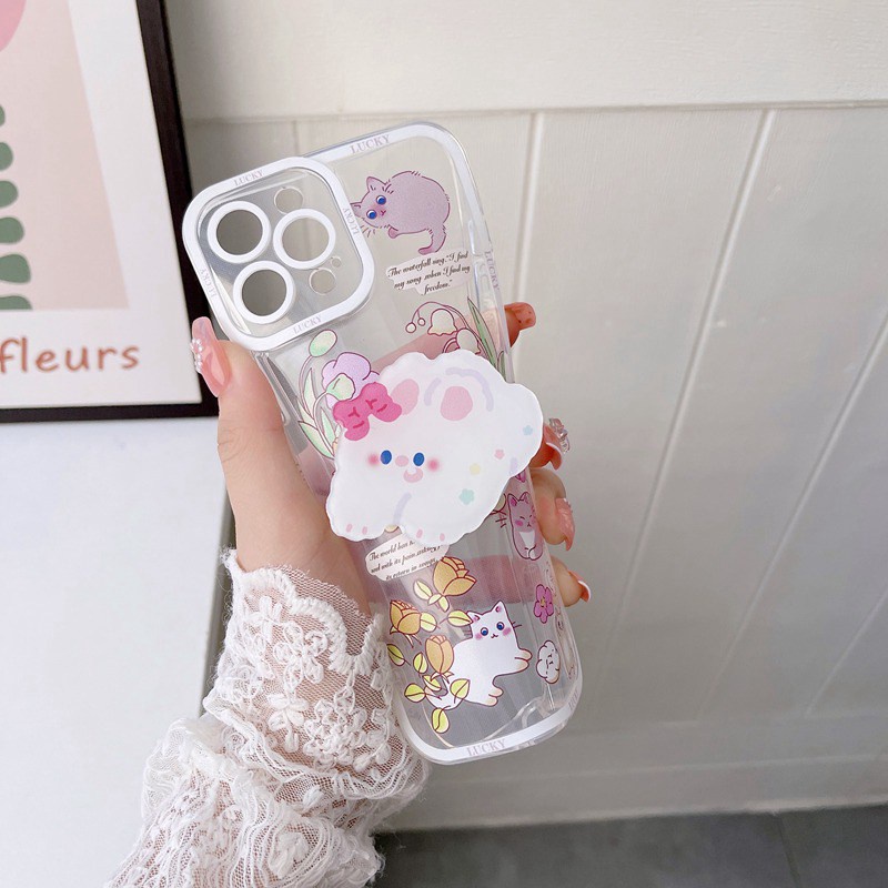 Flowers Cat Popsocket Soft Case iP iPhone 11 12 13 Pro Max 6 6S 7 8 + Plus X XR SE 2020 XS Max Casing