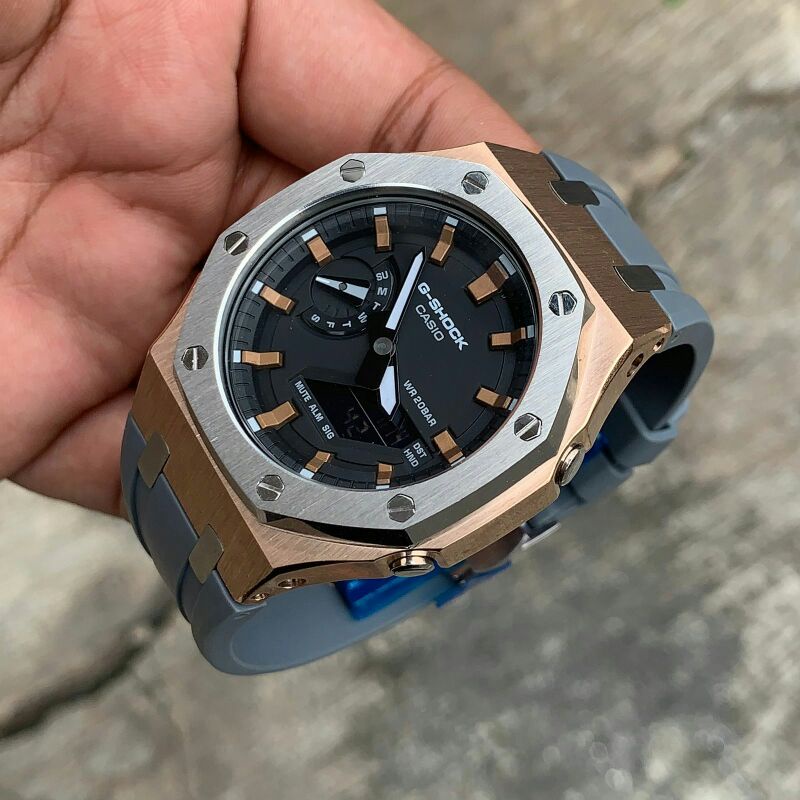 Jam Casio G-shock GA2100 Custom Strap dan Bezel abu2 gold