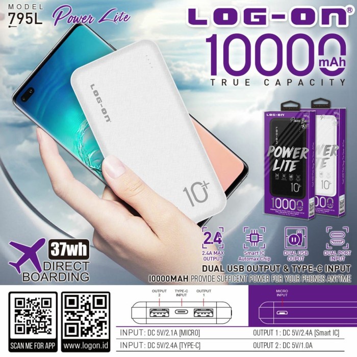 POWERBANK 10000MAH LOGON POWERLITE 795L QUALITY PREMIUM