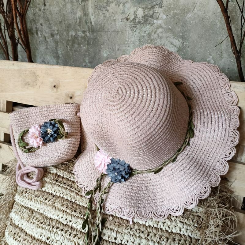 RATTAN HAT & BAG - Topi Tas Pantai Rotan Anyaman Jerami Anak Kids Import Perempuan
