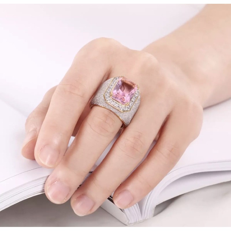 Cincin Pria Mewah Batu Pink Saphire Safir Merah Muda Gold Platted