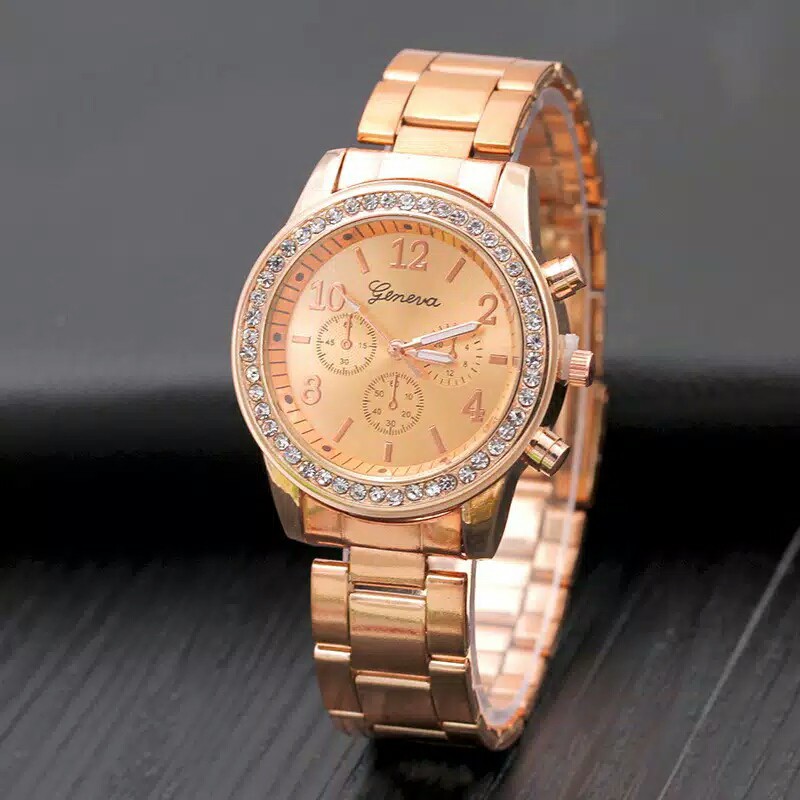 GENEVA 264 Diamond Jam Tangan Wanita Analog Fashion Casual Women Strap Stainless Steel Quartz Watch