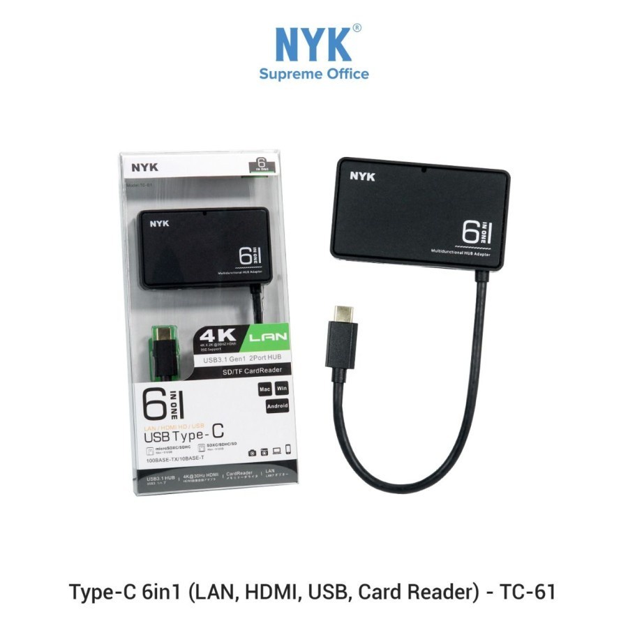 NYK TC-61 Type C To 6 in 1 LAN + HDMI + USB 3.0 2 Port  + Card Reader