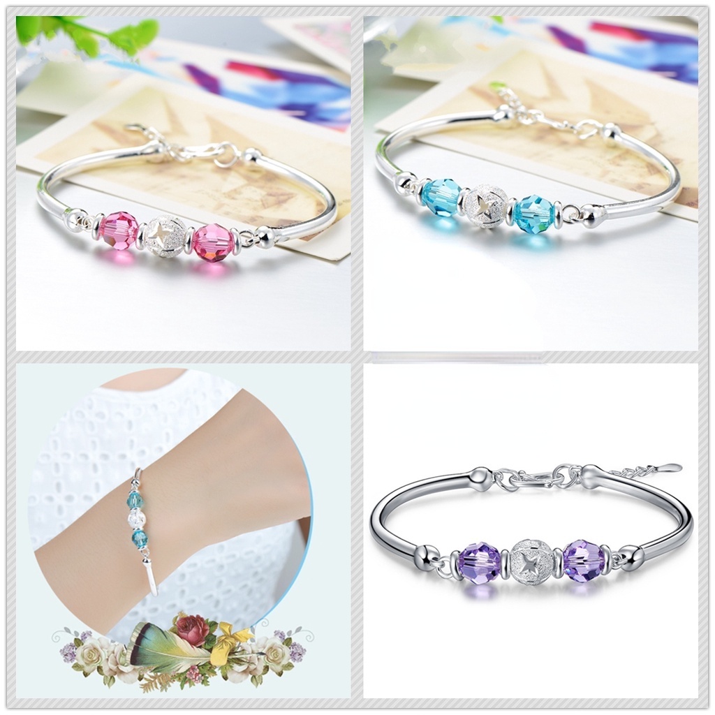 Gelang Manik-Manik Kristal Bahan Stainless Steel Lapis Silver Gaya Korea Untuk Wanita