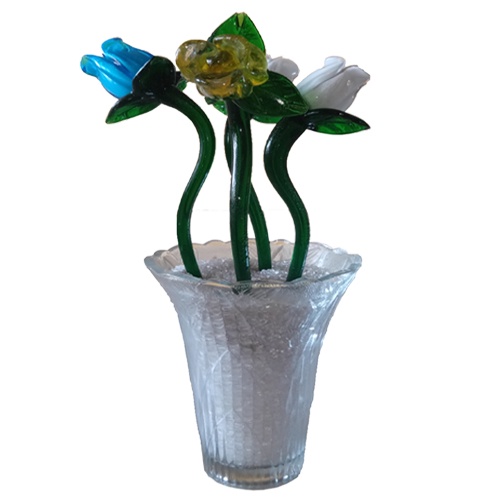 Bunga Mawar Kristal 1 Set (4 Bunga kristal+ Pasir 900gr+ Vas kristal)