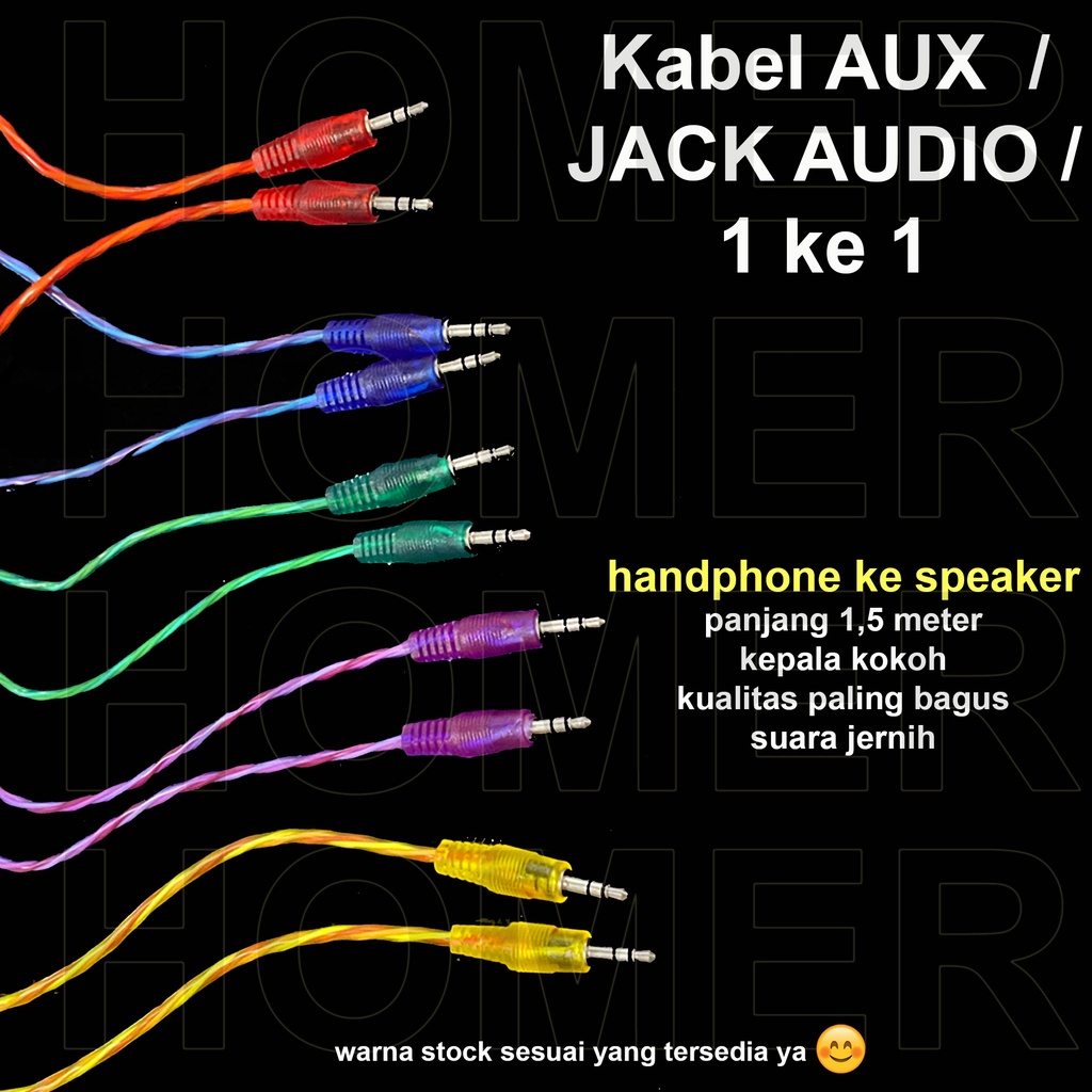 Kabel AUX Audio handphone hape ke speaker 1x1 jek Jack 3,5mm 1,5m AUX 1 ke 1 warna biru merah hijau kuning ungu hitam 1-1 1,5 meter kabel handphoen hape ponsel ke speaker audio mobil komputer laptop