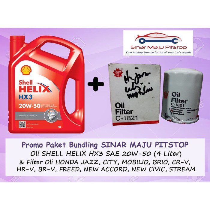 Paket Bundling Oli SHELL HELIX HX3 20W-50 (4 Ltr) & Filter Oli Mobil HONDA BRIO & MOBILIO & FREED