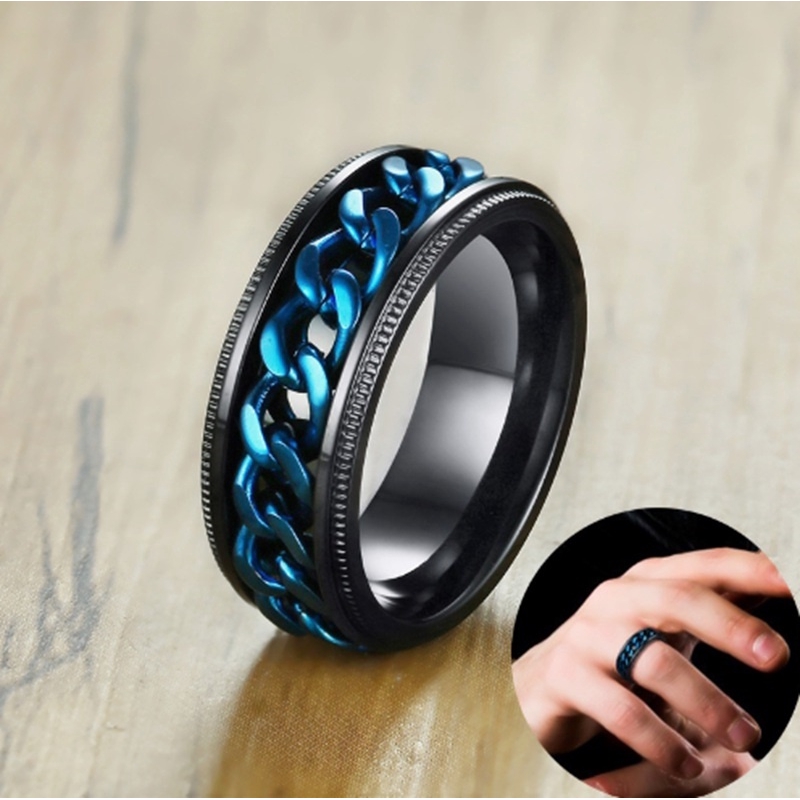 SEUSUK Men Black Rings Blue Center Curb Chain Spinner Ring Steel Reliever Wedding Band Male Jewelry