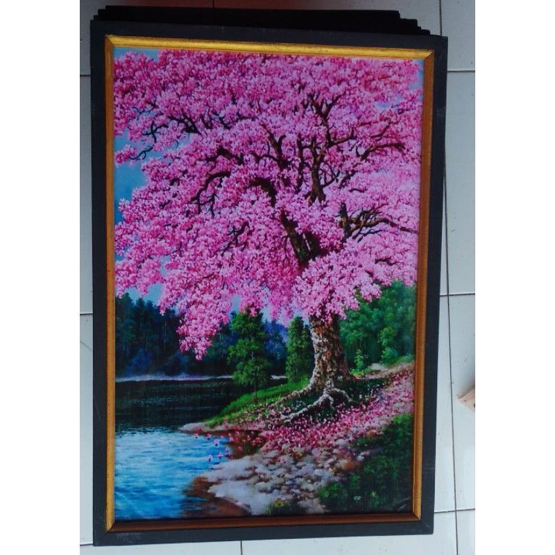 Lukisan cetak hiasan dinding poster plus bingkai gambar bunga sakura ukuran 65x45cm
