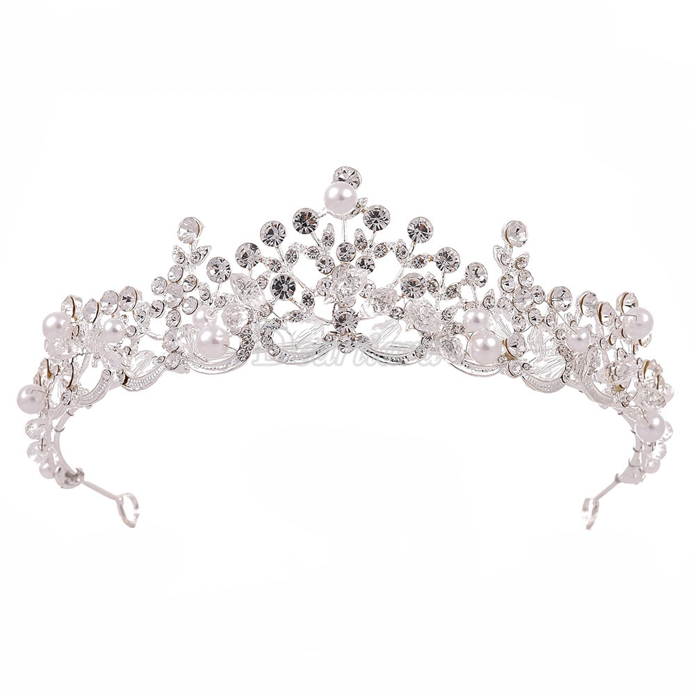 Mahkota Tiara Bahan Alloy Hias Mutiara Berlian Imitasi Untuk Aksesoris Rambut Pengantin Wanita