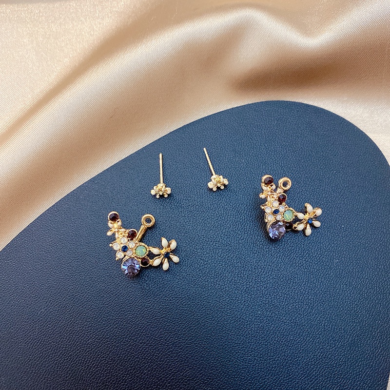 Anting stud Desain Bunga Chrysanthemum / Moon / Shell / Zircon Stone Warna pink Biru Ungu