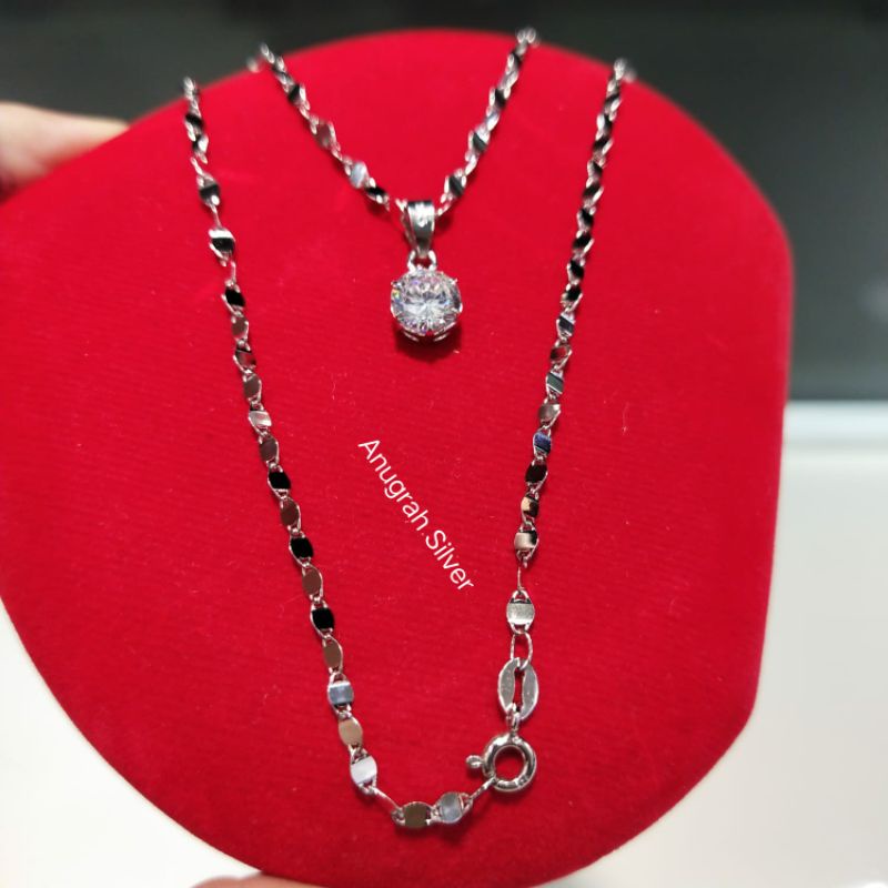 (COD)Kalung toscano/biji timun + liontin Desy remaja &amp; dewasa mata diamond putih kilau perak asli 925/Silver 925 lapisan emas putih murni!!!