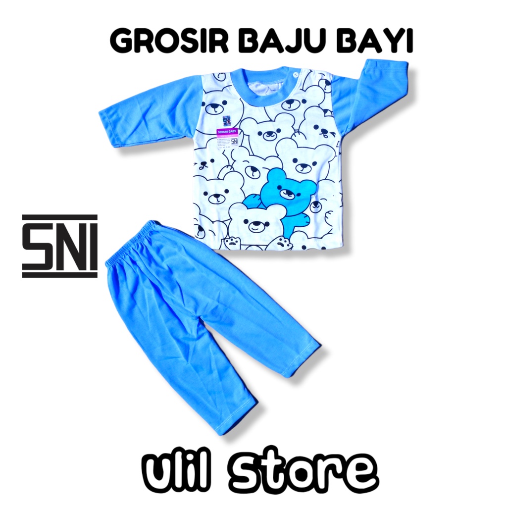 Setelan Baju Panjang SNI Kancing Pundak Seruni Baby Usia 3-15 Bulan Motif Doodle Bear