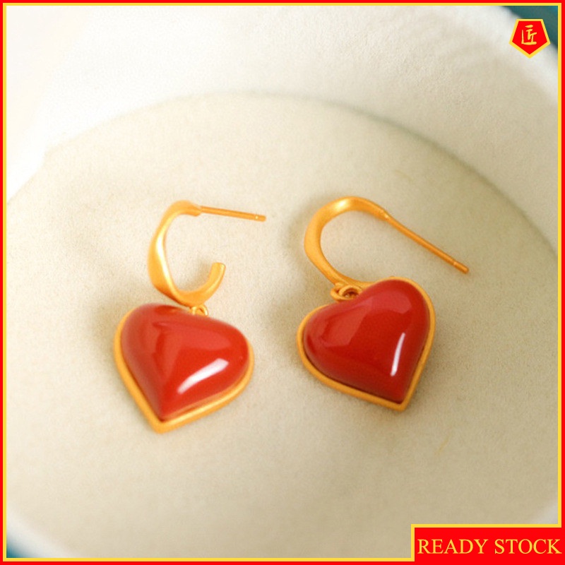 [Ready Stock]Elegant Heart-Shaped Natural South Red Agate Gold Earrings