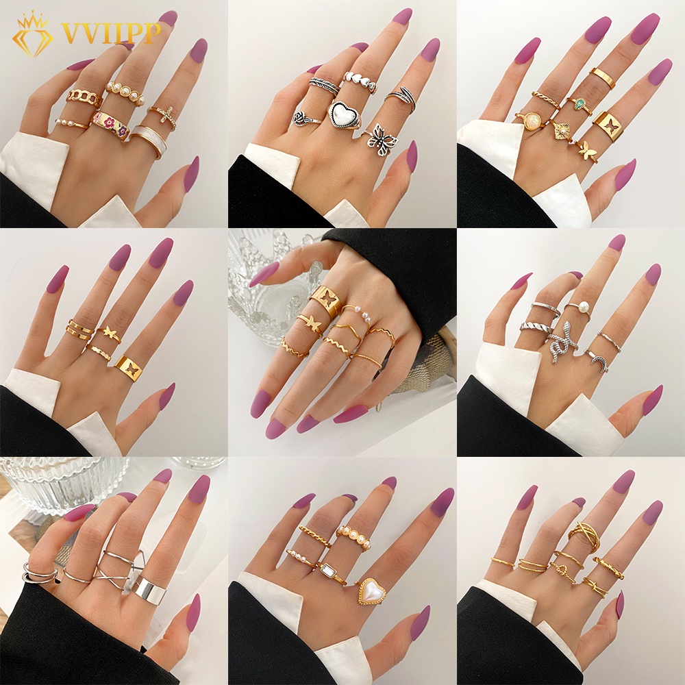 2021 New Fashion Butterfly Gold Silver Ring Set Classic Crystal Hollow Snake Rings for Women Heart Pearl Finger Ring Jewelry Accessories