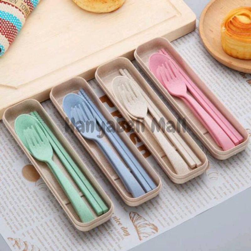 [HBM] Sendok Set Jerami Alat Makan Souvenir Korean Sumpit Travel Kotak 3 Set Peralatan Makan Gandum Go Green