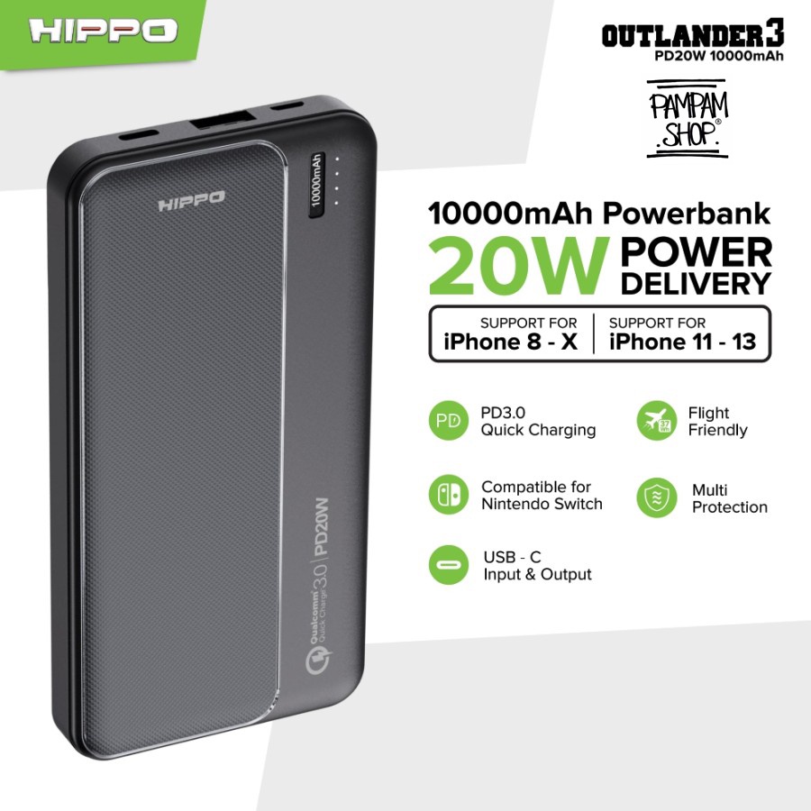 Hippo Powerbank Outlander 3 10000 mAh 20W 3A PD Fast Charging Qualcomm Quick Charge Power Bank Original Ori 10000mAh