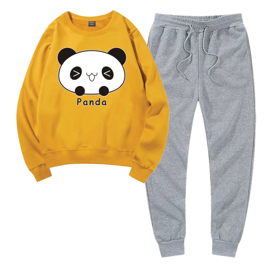 Baju Setelan Wanita Murah / Setelan Sweater + Jogger Abu - PANDA CUTE