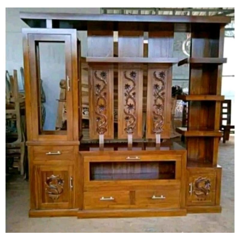 bofet tv/partisi/penyekat ruangan modern kayu jati + kaca