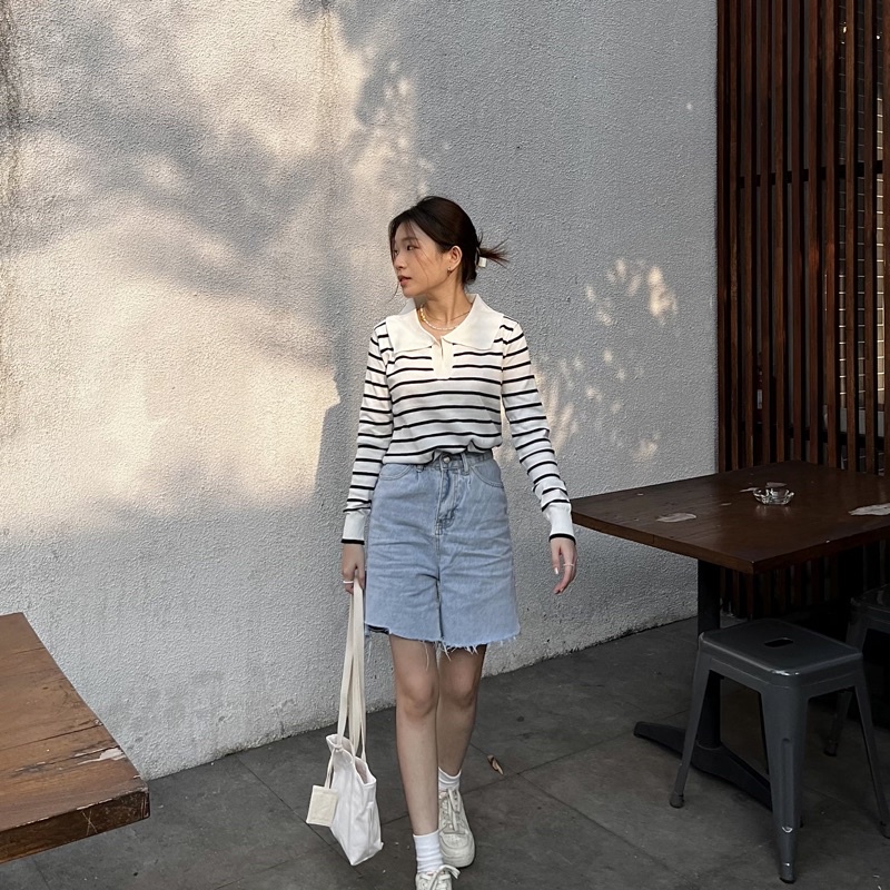 CLOTHIER - Soya Striped Tee | Knit Collar Long Sleeves Top