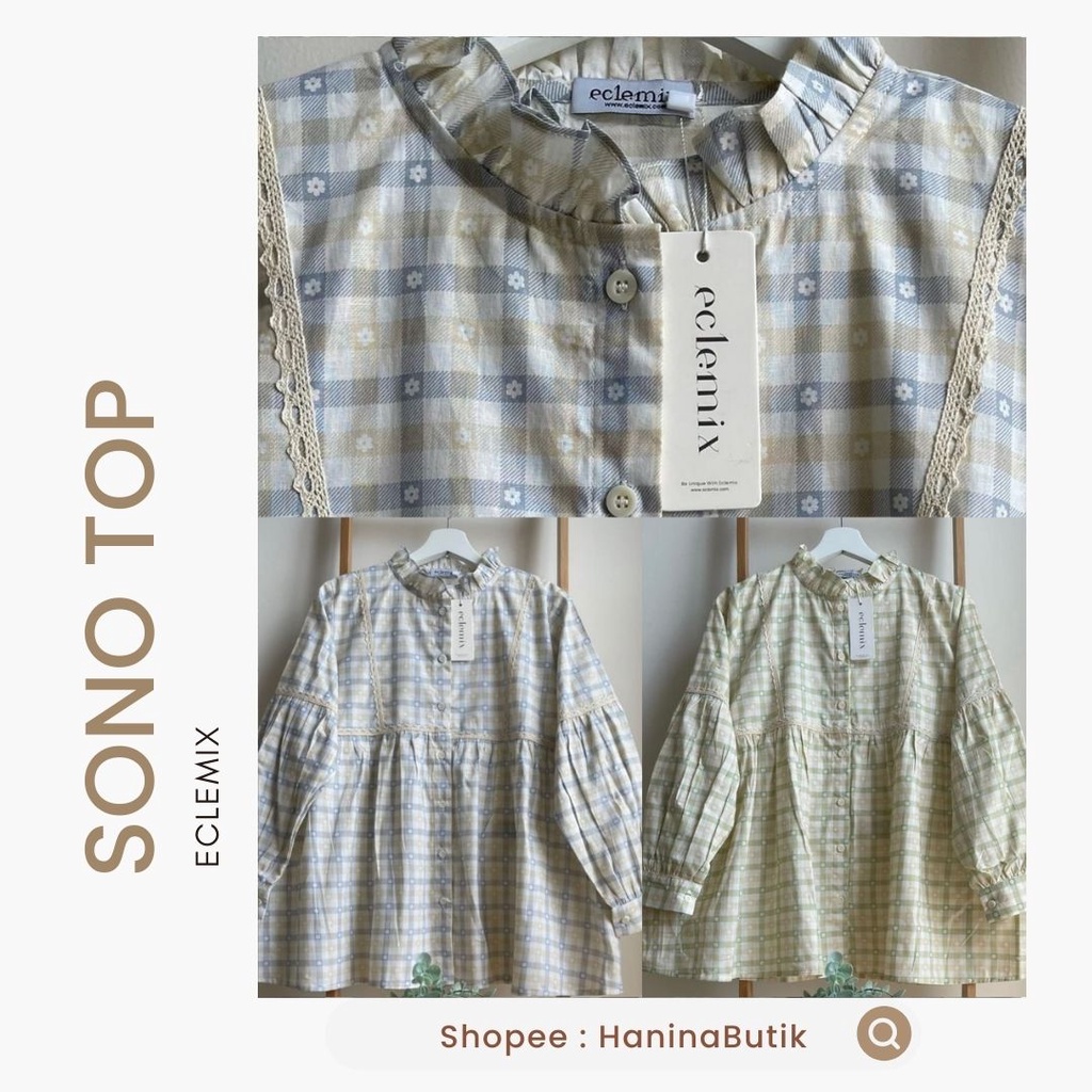 (𝗦𝗜𝗔𝗣 𝗞𝗜𝗥𝗜𝗠) TOP SONO TOP GINGHAM KOREAN STYLE BLOUSE  by ECLEMIX