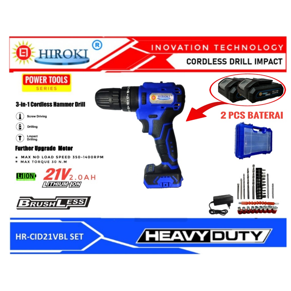 MESIN BOR CORDLESS OBENG TEMBOK BESI KAYU IMPACT WALL DRILL HIROKI CID21VBL SET BATERAI 21 V BRUSHLE