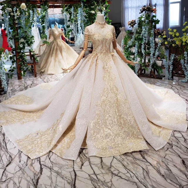 Gaun Pengantin Wedding Gown Bridal Gold Ekor Premium Crystal Shopee Indonesia