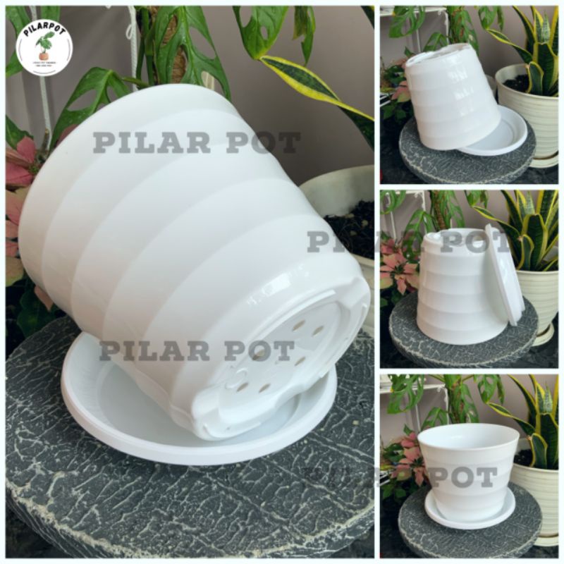 pot bunga tanaman Mado putih 22cm lovenia + tatakan putih 8027