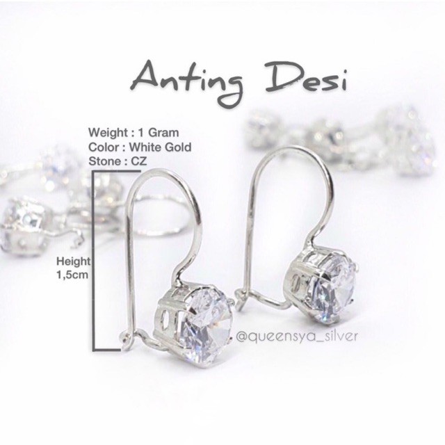 Anting Perak Wanita Soliter Desi Lapis Emas Putih Asli Silver925