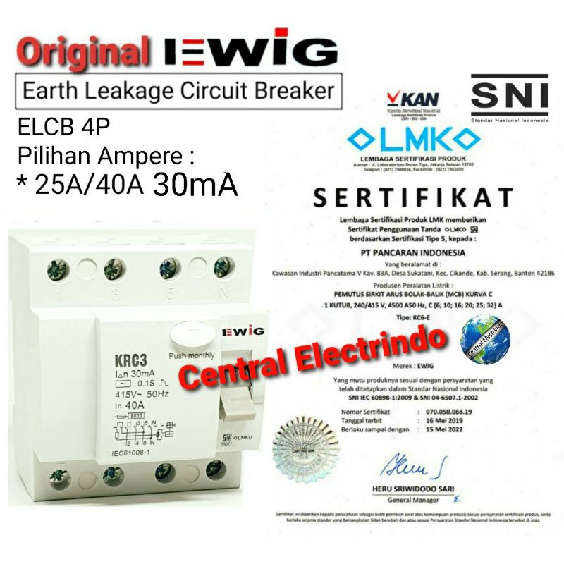 ELCB/RCCB KRC3 4P 25A &amp; 40A 30mA EWIG SNI.