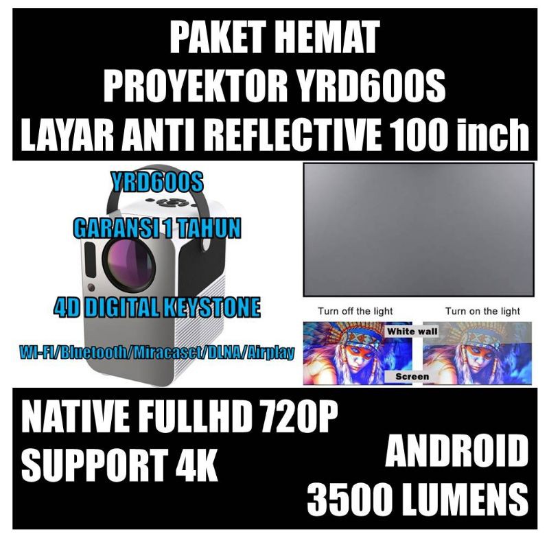 PAKET Yourday YRD600S Proyektor Mini LED LCD Smart Android WIFI & LAYAR