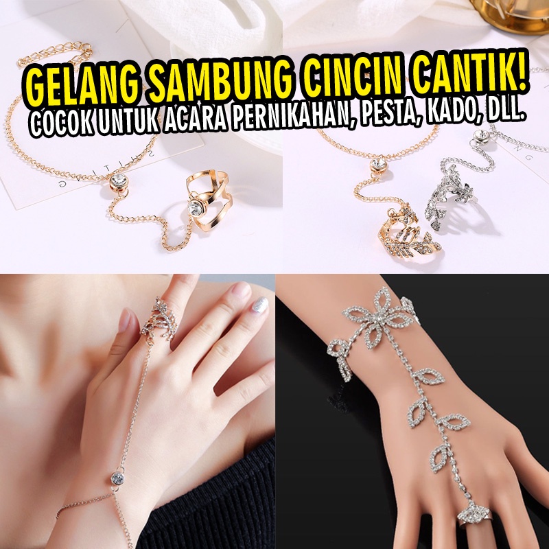 Gelang sambung cincin daun mata diamond aksesoris dewasa remaja perempuan esthetic kelihatan elegan mewah rhinestone stone fashion silver putih emas gold