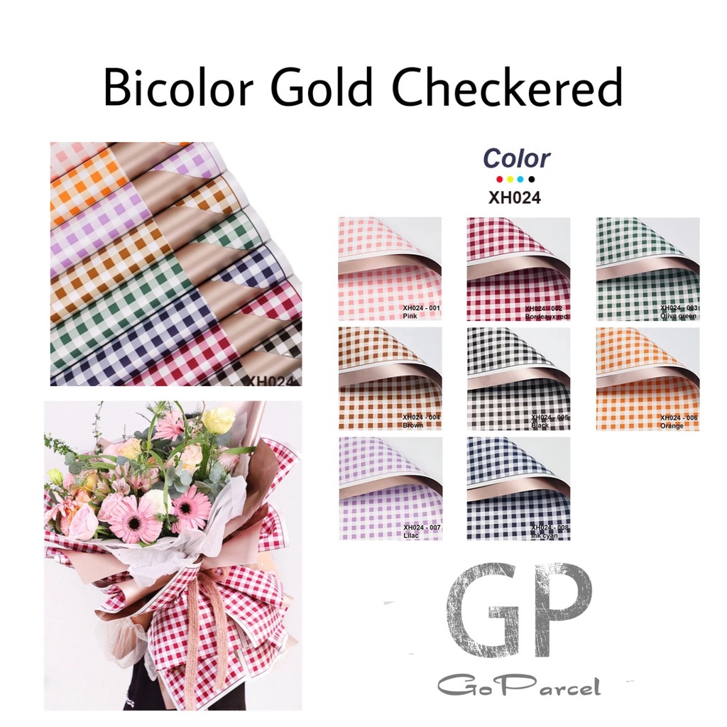 ( 5 Lembar ) BICOLOR GOLD CHECKERED - FLOWER WRAPPING PAPER KOREAN PLASTIC PLASTIC CELLOPHANE KERTAS BUNGA BUKET FLORIST WATERPROOF DOUBLE COLOR BROWN TUMERIC LILAC