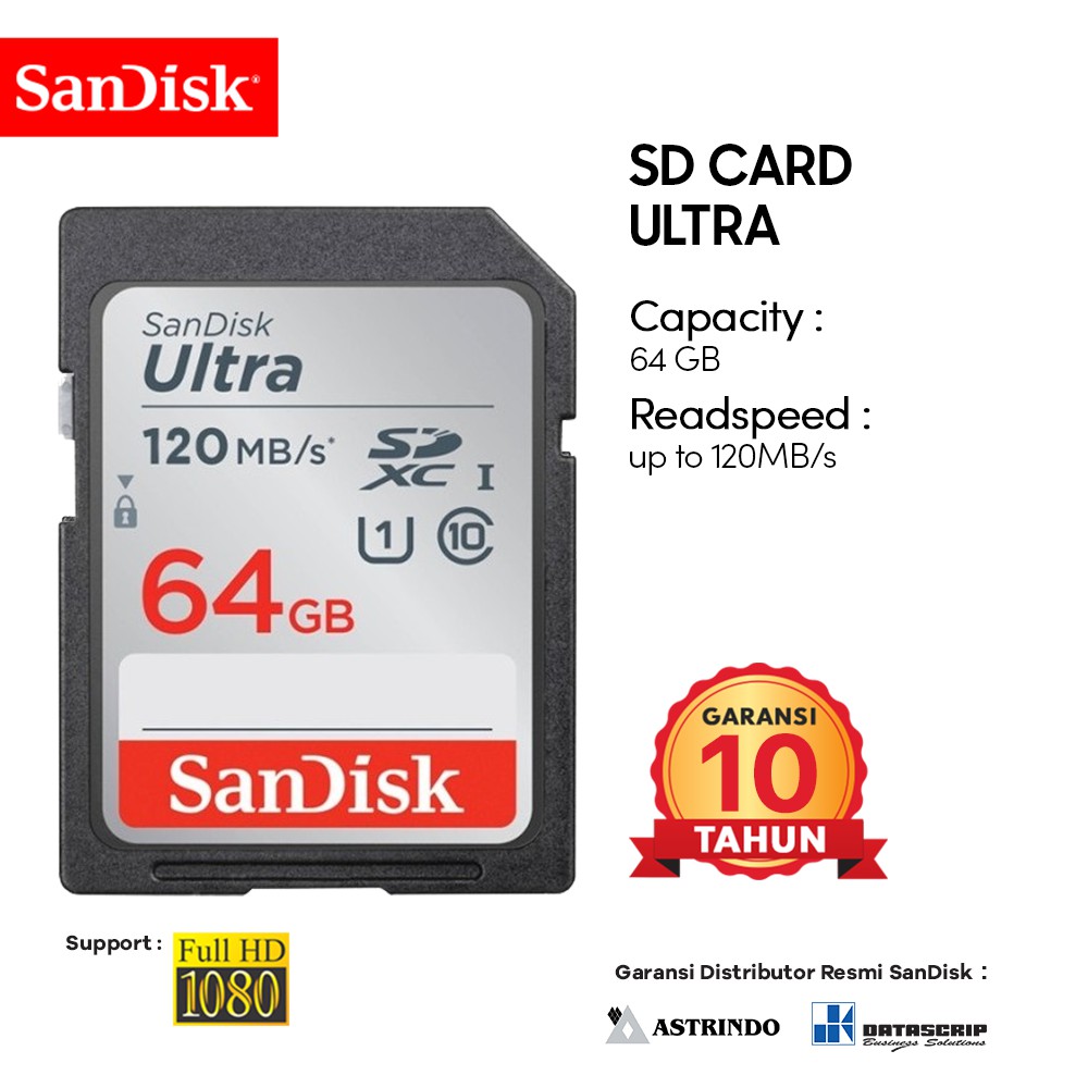 Jual SD Card 64GB SanDisk Ultra UHS-I Class 10 up to 120Mbps - Garansi